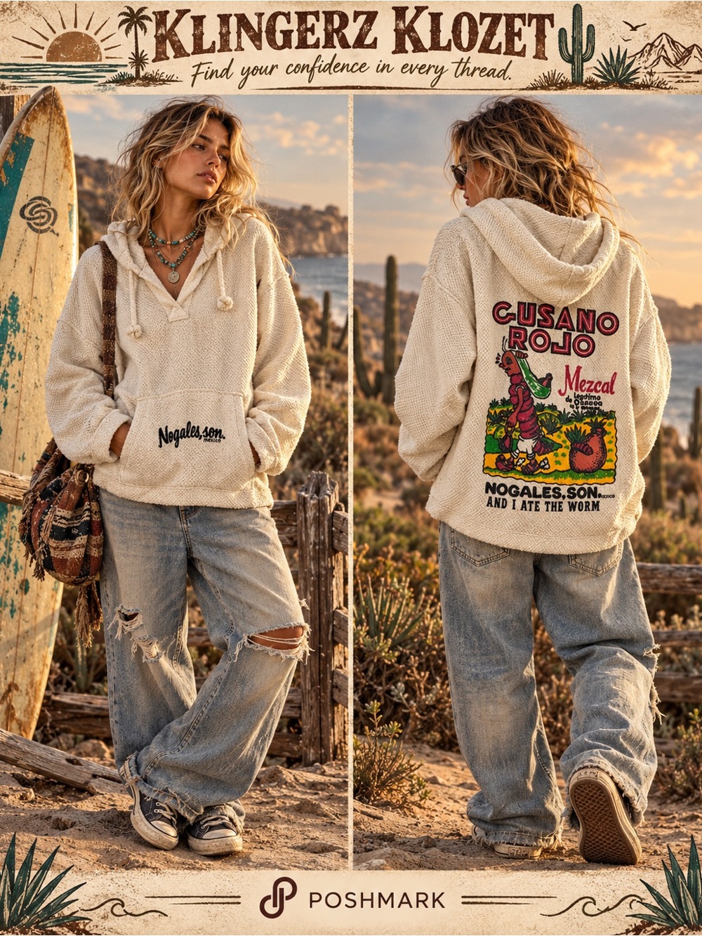 Vintage Gusano Rojo Mezcal Baja Hoodie XL Nogales Mexico Woven Pullover